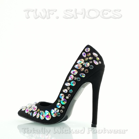 Big jewel 4.5" heel black pump fashion shoes Diva - Picture 2 of 8